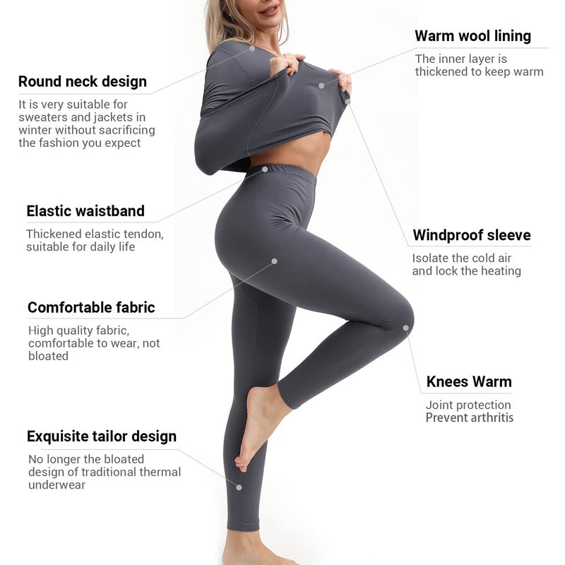 PISIQI Thermal Underwear Women Ultra-Soft Long Johns Set Base Layer Skiing Winter Warm Top & Bottom (M, Dark Gray) - Image 3